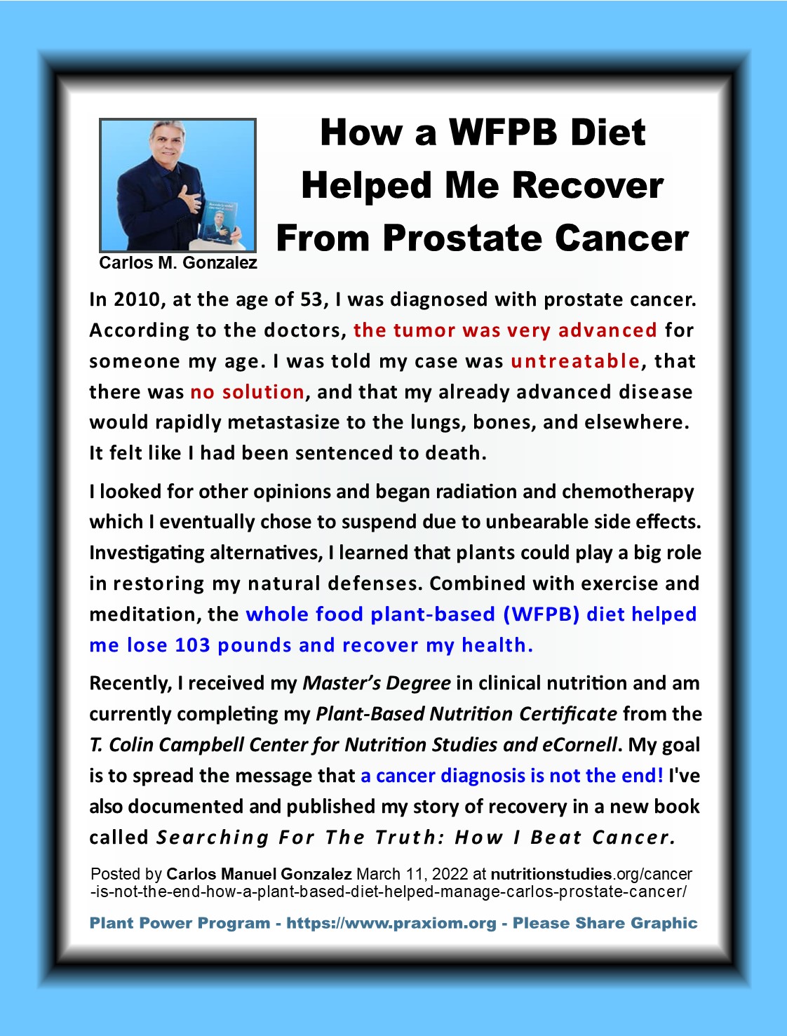 How a WFPB Diet Helped Me Recover From Prostate Cancer - Carlos Manuel Gonzalez 